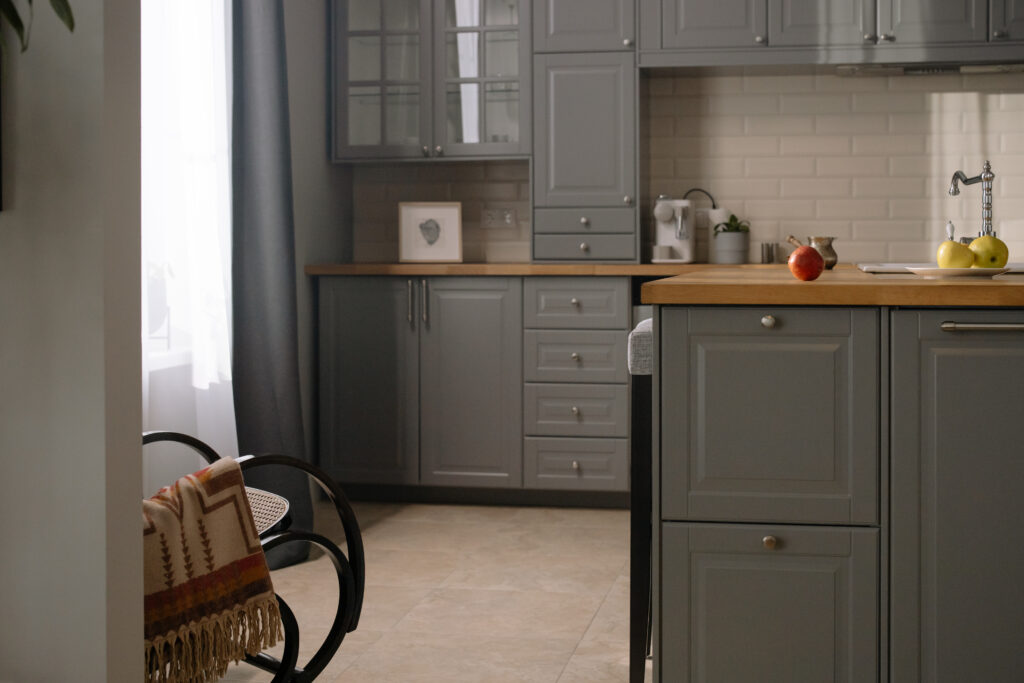 Kitchen with gray cabinets