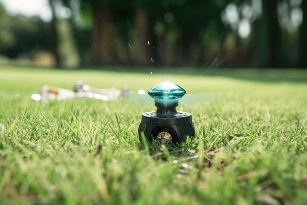 sprinkler system with adjustable timer, keeping lawn green and lush, created with generative ai
