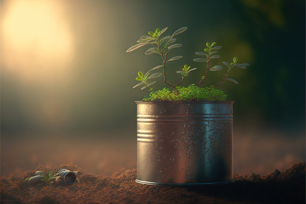 a painting of a plant in a tin can on dirt ground with a light shining on the ground behind it and a plant in the middle of the tin can with dirt and dirt on the ground., generative ai