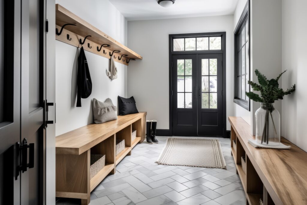 A stylish and functional mudroom with slate tile floors, white shaker cabinets, and natural wood bench seating with black metal hooks above