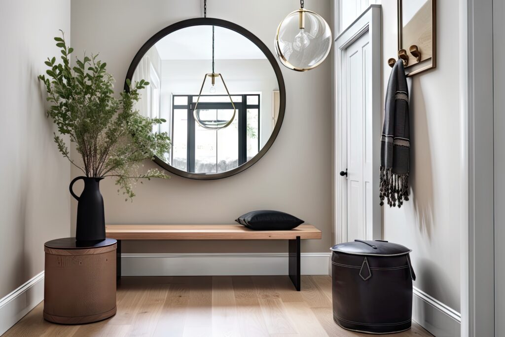 A welcoming foyer with a natural wood bench, a round mirror framed in brass, and a statement pendant light made from black metal and clear glass