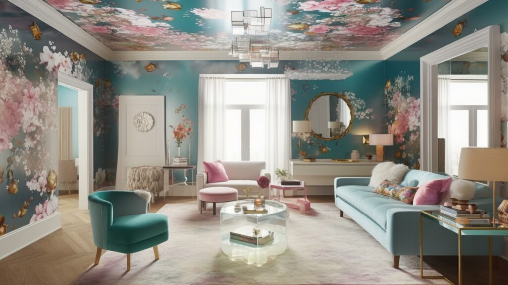 A whimsical Living Room featuring a floral wallpaper accent wall, a mirrored ceiling, and a lucite console table with playful decor, generative ai