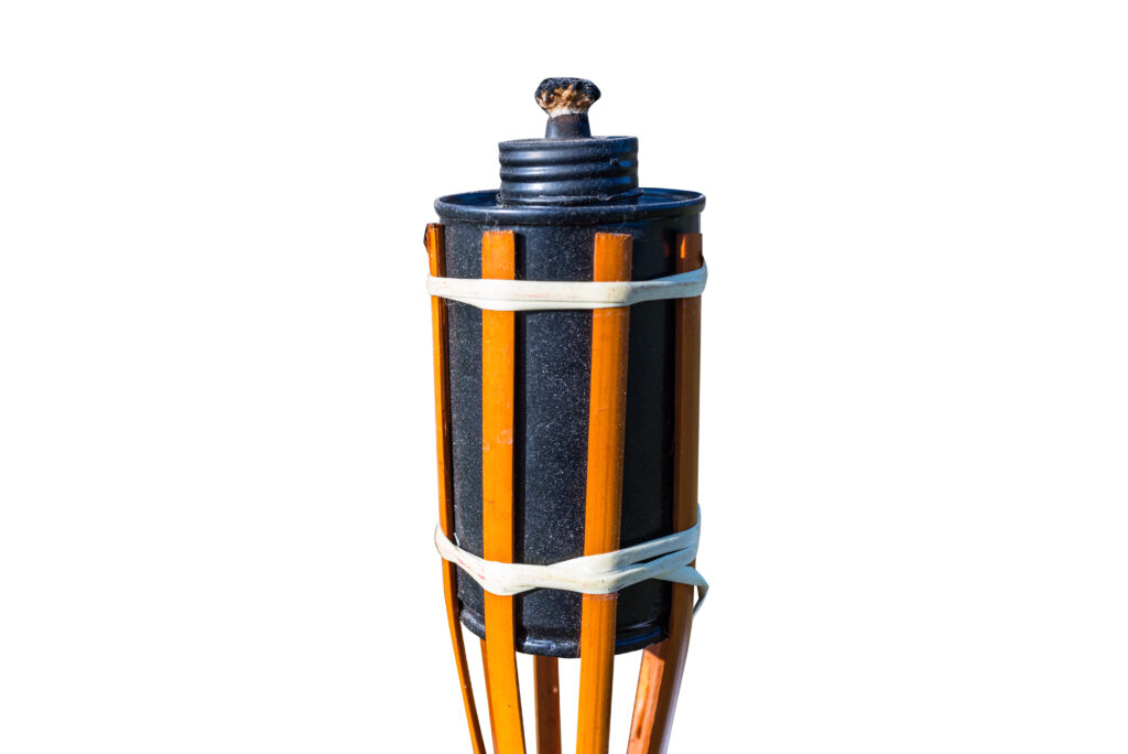 Bamboo torch for insects with a metal tank and a wick, isolated on a white background with a clipping path.