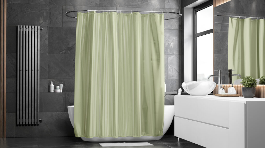 Blank green closed shower curtain mockup, front view