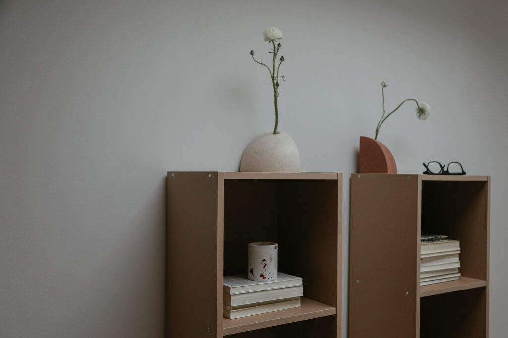 Bookshelves with bookend vases