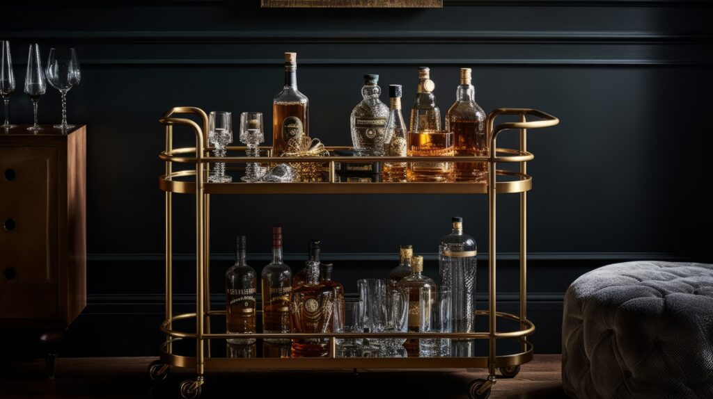 Chic and contemporary bar cart with glassware. AI generated