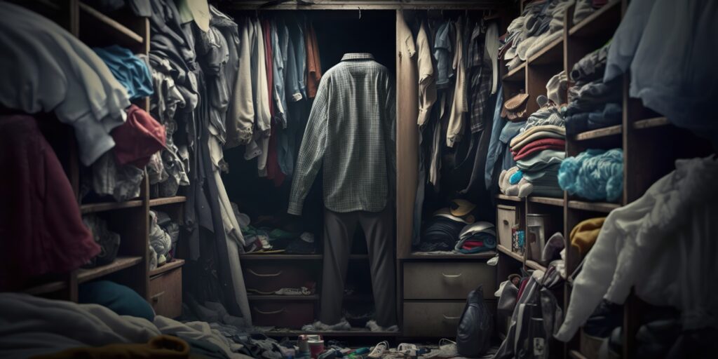 Cluttered closet with clothes spilling out with person standing in front of it ready to start spring cleaning and organizing, concept of Transformation, created with Generative AI technology