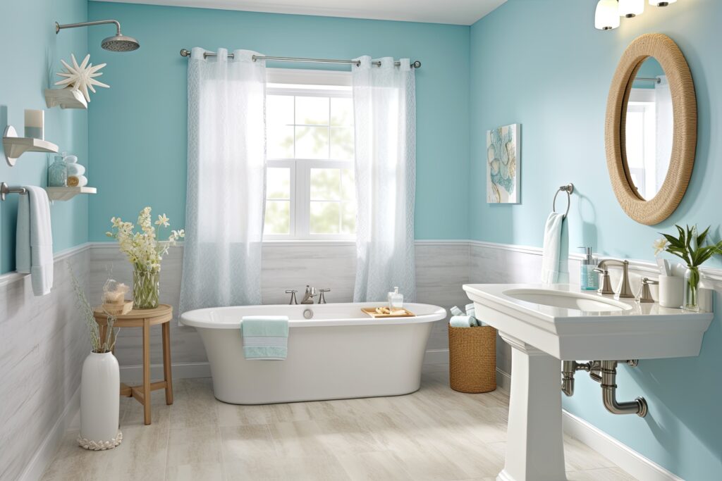 Coastal-themed bathroom with nautical elements, blue and white color palette, and seashell accessories, evoking a beachy and serene atmosphere - Generative AI