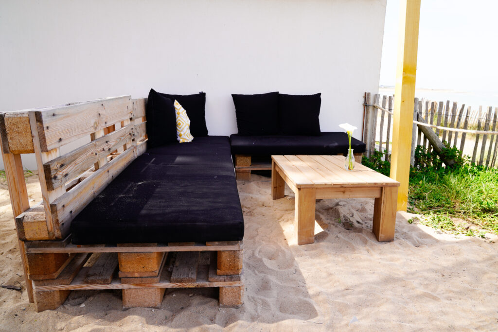 garden recycled wood table bench made from old wooden storage pallet diy on home garden terrace