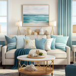 Interior design of a coastal- inspired living room with  cozy sofa, pillows, sleek coffee table and big windows | Modern and luxurious living room in Beach color theme | Generative Ai