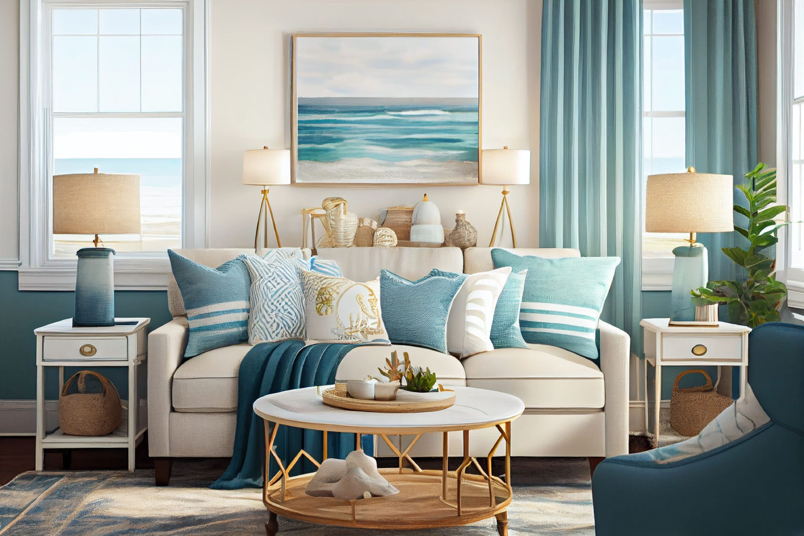 Interior design of a coastal- inspired living room with  cozy sofa, pillows, sleek coffee table and big windows | Modern and luxurious living room in Beach color theme | Generative Ai