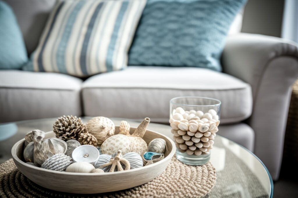 On a wooden coffee table, sea shells and lanterns, as well as neutral colors, are examples of beach interior design features. Detail of the living room. Generative AI