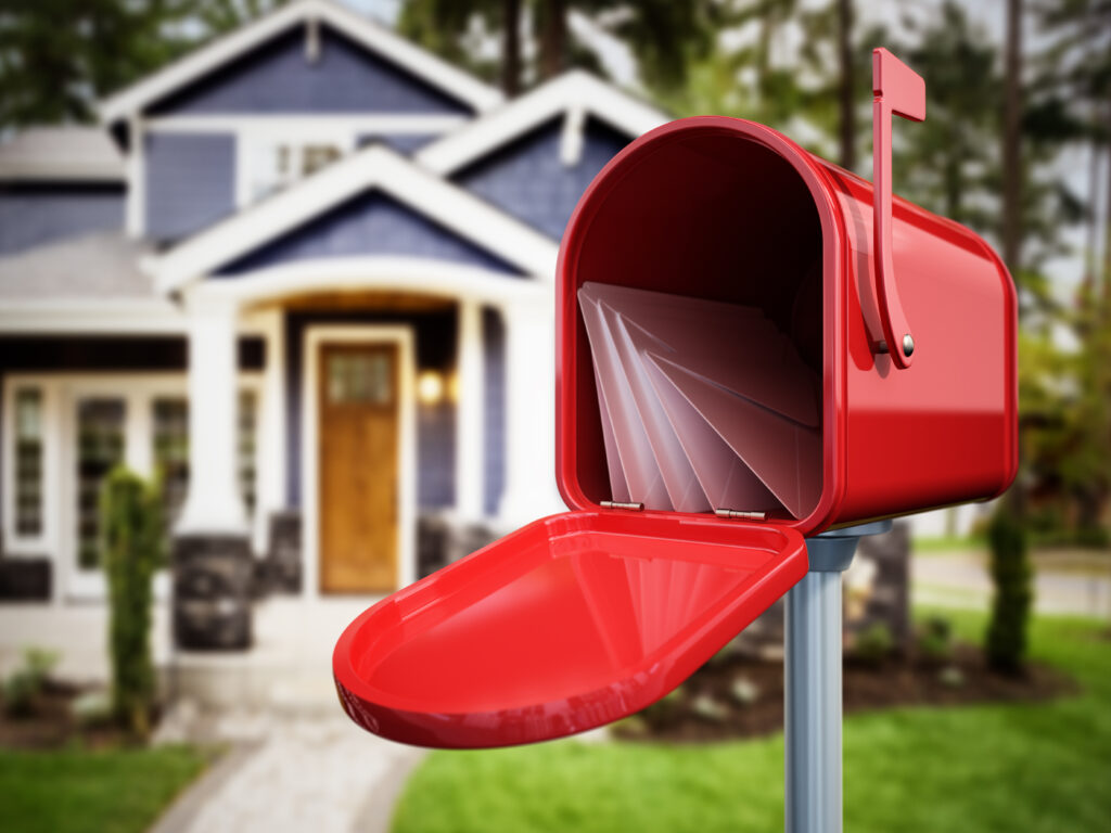 Open mailbox with letters standing outside the luxury home. 3D illustration