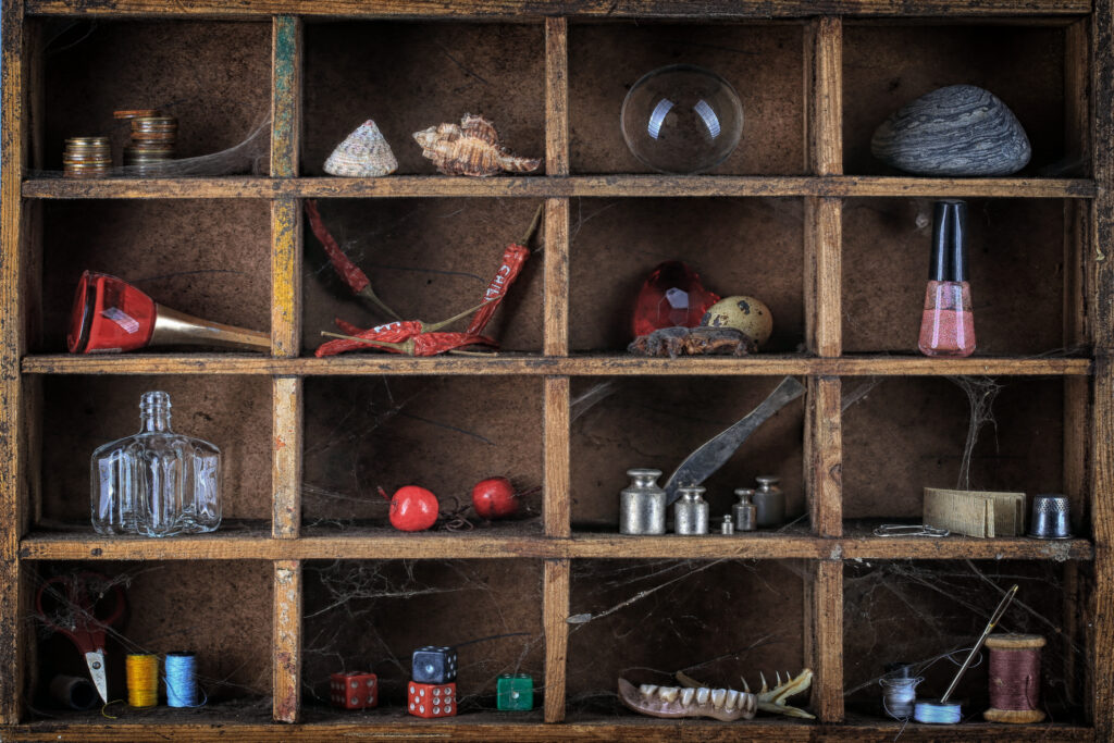 Wooden box catalog with cobwebs and various little things