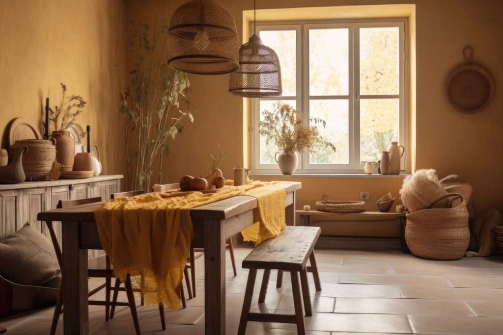 Yellow beige farmhouse dining room with wooden table and chairs. Plaster walls, bohemian decor,. Generative AI