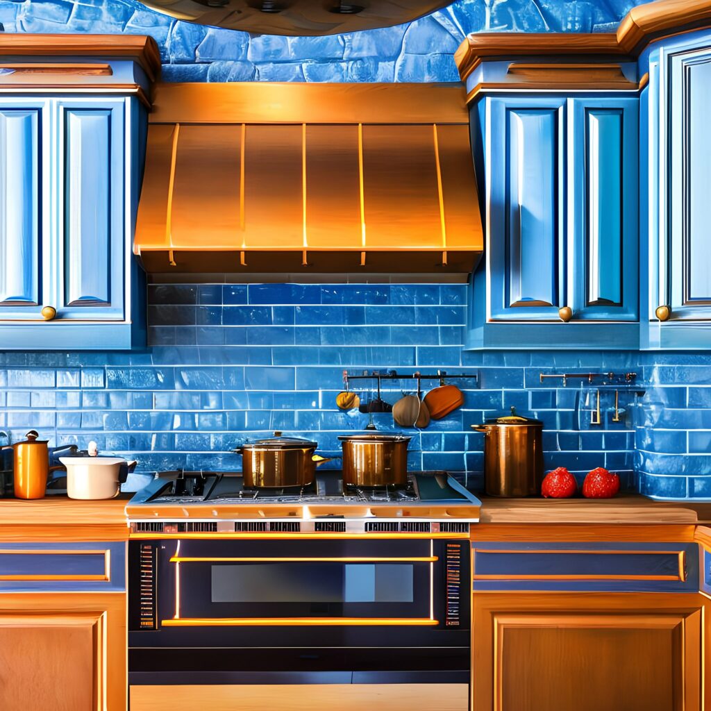 12 A colorful kitchen with a bold backsplash and bright cabinets3, Generative AI