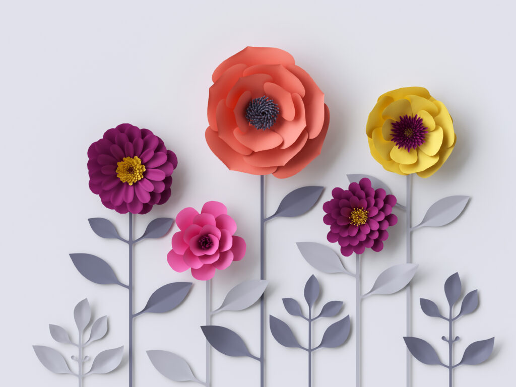 3d paper flowers isolated on white background, decorative design elements, greeting card