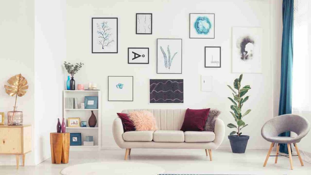 a living room with many pictures on the wall