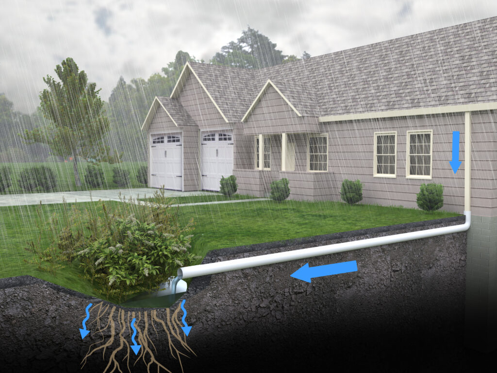 A diagrammatic 3D illustration of a Rain Garden drainage system. Rainwater run-off is diverted from the gutters into an underground pipe to a small retention garden area where it is absorbed.