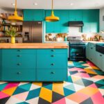 a kitchen with a colorful floor and a blue cabinet with a wooden counter top and a yellow pendant light hanging from the ceiling over the stove.  generative ai