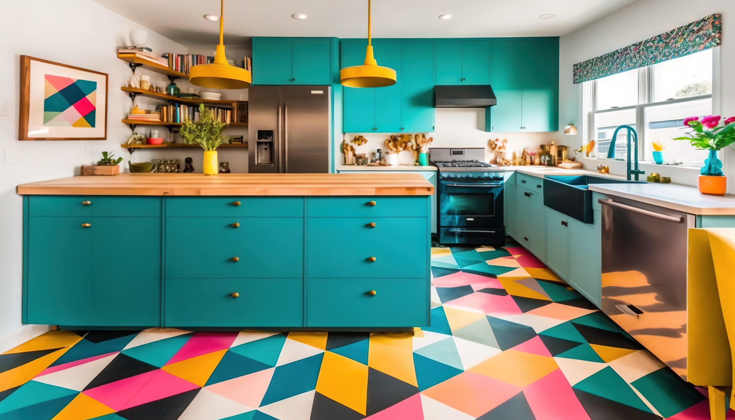 a kitchen with a colorful floor and a blue cabinet with a wooden counter top and a yellow pendant light hanging from the ceiling over the stove.  generative ai