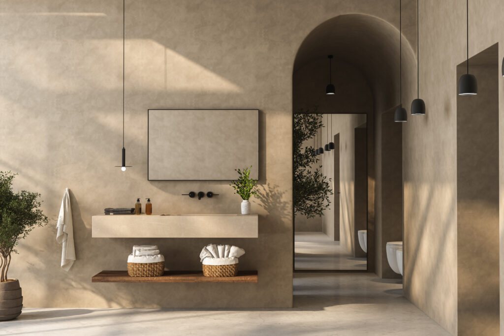 A minimalist bathroom with a sleek bathroom vanity, black and white bathtub, wall-mounted mirror, plants, matte marble flooring, beige walls, and a small pool. 3d rendering