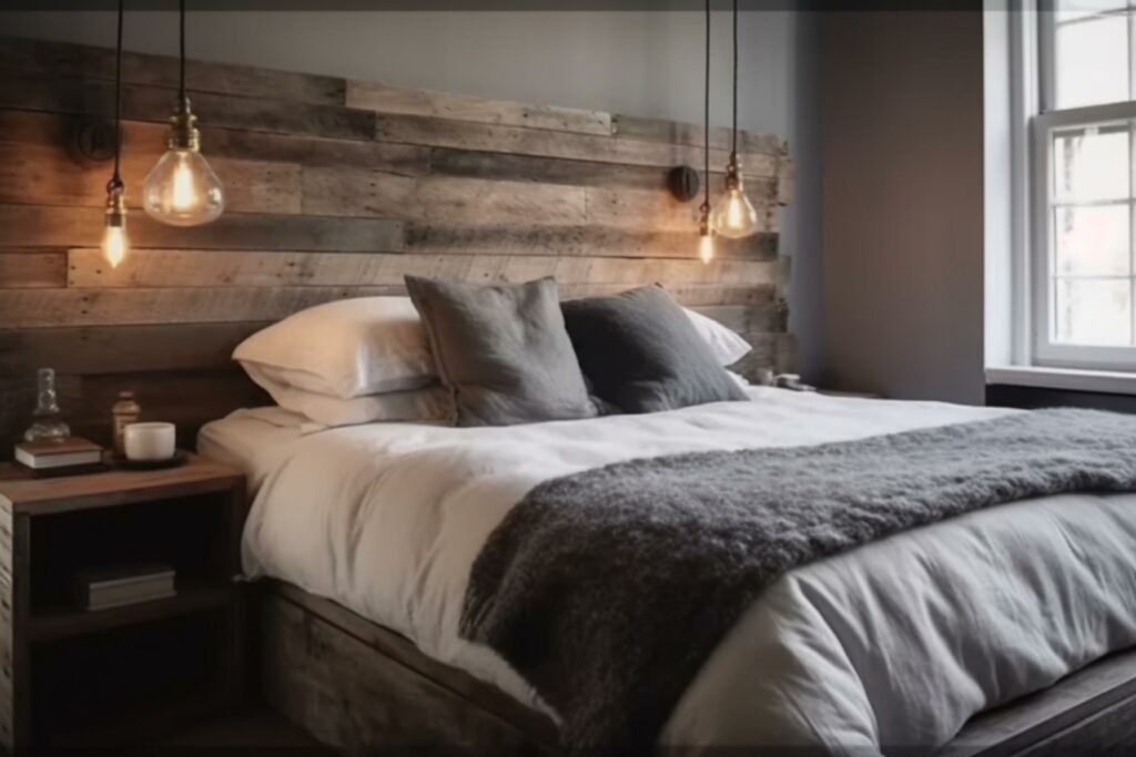 A rustic Scandinavian Bedroom featuring a reclaimed wood headboard and neutral color palette, generative ai