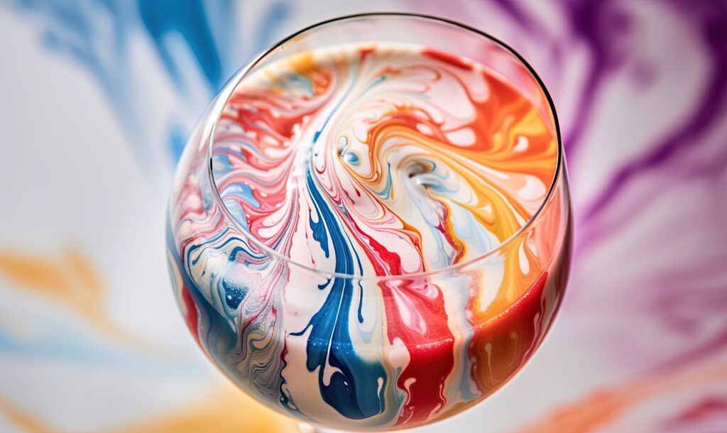 a wine glass with a colorful swirl painted on it's side.  generative ai