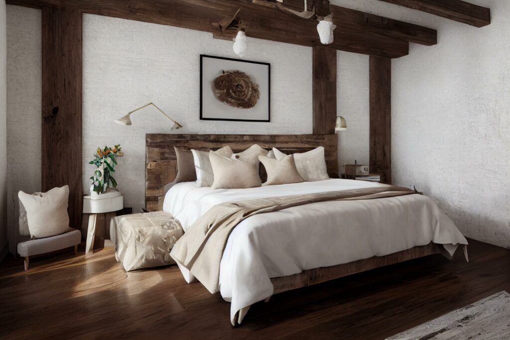 Bed Room Interior Design Rustic Glam Series: White shiplap walls with natural reclaimed wood beams, light colored furniture with metallic accents. Generative AI