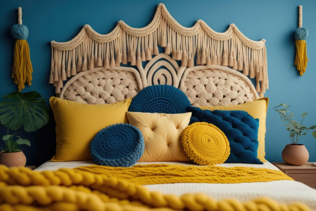 Bohemian-themed braided rope headboard. Warm yellow bedroom. Generative AI