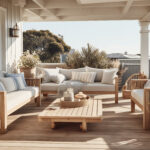 Coastal garden terrace patio outdoor, with wood and fabric blue white and beige accents around noon sunny day in Australia at the beach - Generative AI