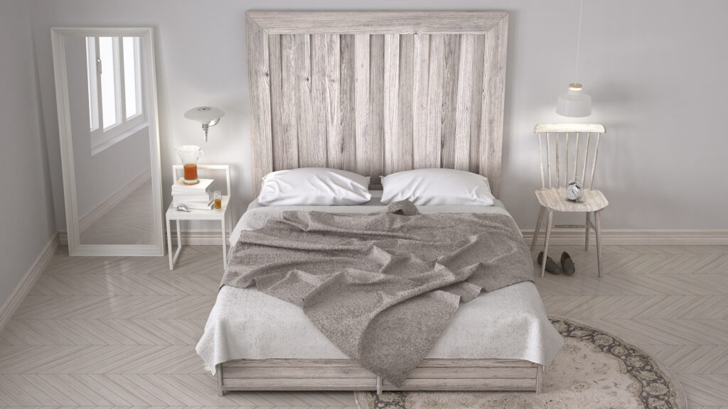 DIY bedroom, bed with wooden headboard, scandinavian white eco c