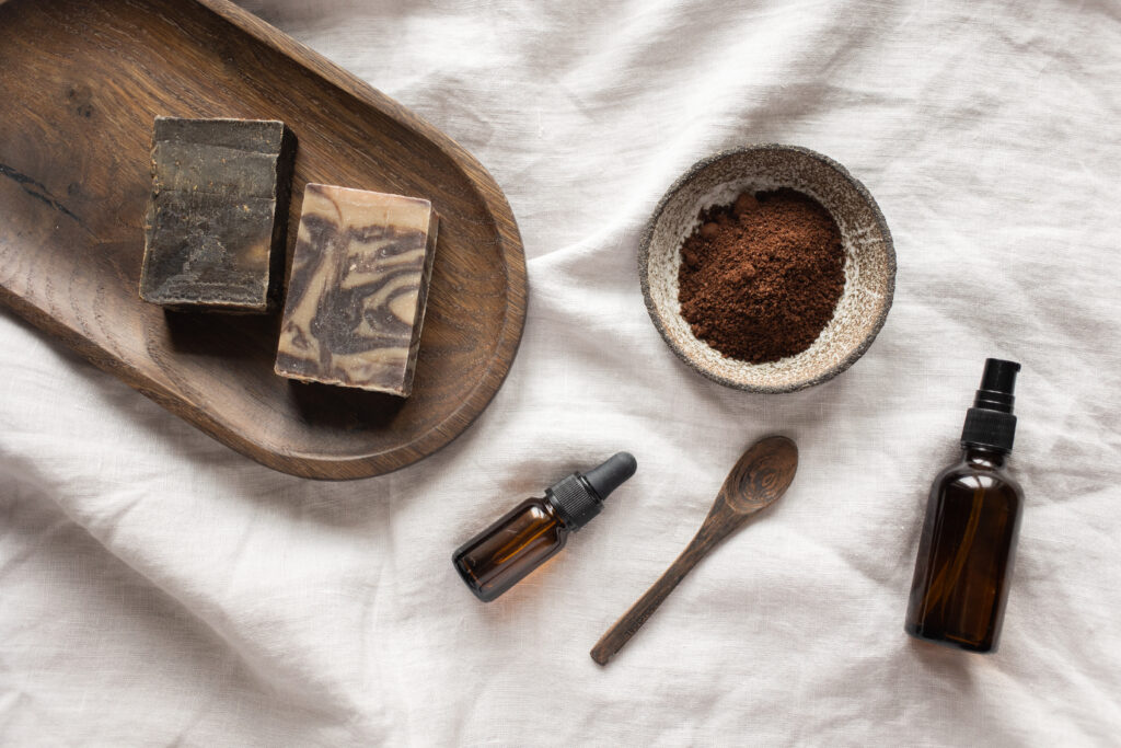 Handmade soap and coffee scrub prepared for spa procedures