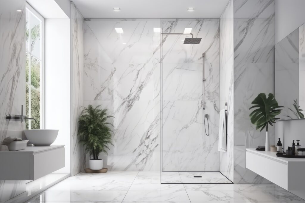 Minimalist white bathroom interior with shower cabin sink plant and decorative marble wall with Generative AI technology