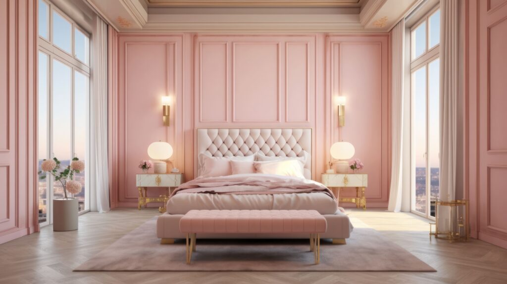 Modern bedroom interior design with pink walls and bright illumination. Hi-tech minimalism style. Generative AI