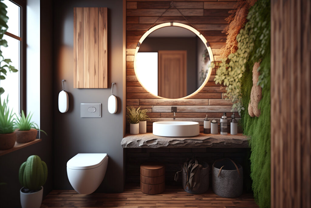 Stylishly eco friendly modern bathroom interior with wooden accents. Modern Scandinavian bathroom.stylish bathroom interior. Generative AI