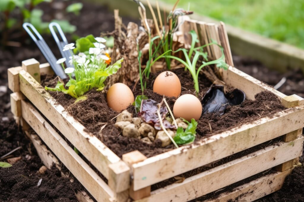 wooden box filled with soil or dirt for gardening or planting. Generative AI