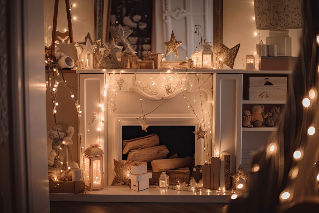 a whimsical fireplace with fairy lights, twinkling stars, and miniature gifts, created with generative ai