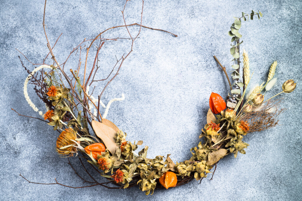 Autumn wreath made of dried flowers.