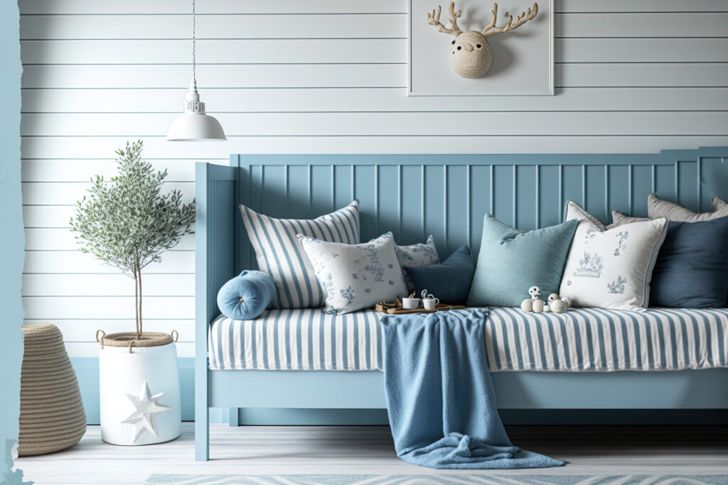 Coastal inspired children's room. Daybed close to a shiplap wall Mockup of an interior. Generative AI