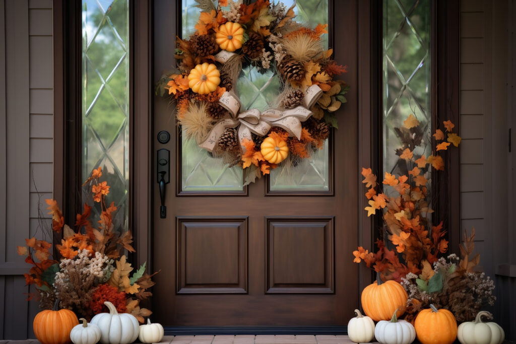 fall autumn wreath on brown front door and autumn decor on front door steps