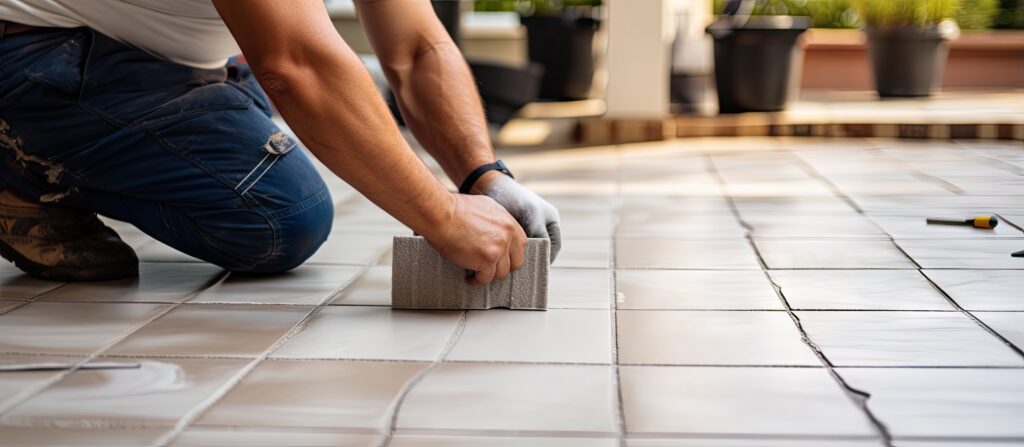 Installing porcelain tiles on the balcony floor as part of an interior remodeling project