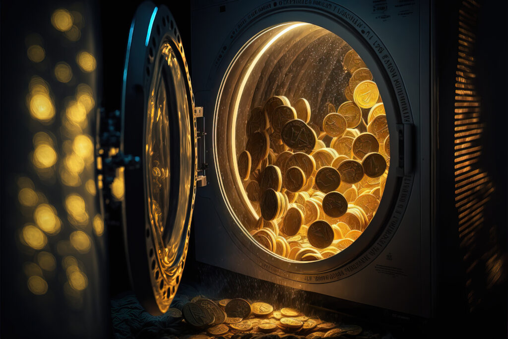 Money laundry image of shiny golden coins inside a washing machine, copy space, generative AI