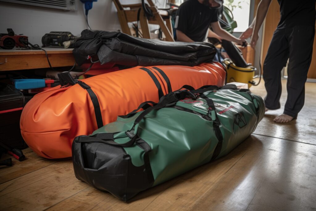 watersports gear being packed away in waterproof bag for easy transport, created with generative ai