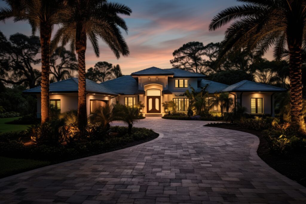 A common type of residence found in rural Southwest Florida, featuring a picturesque setting of palm trees, tropical vegetation, and blooming flowers, along with lush grass and tall pine trees. The