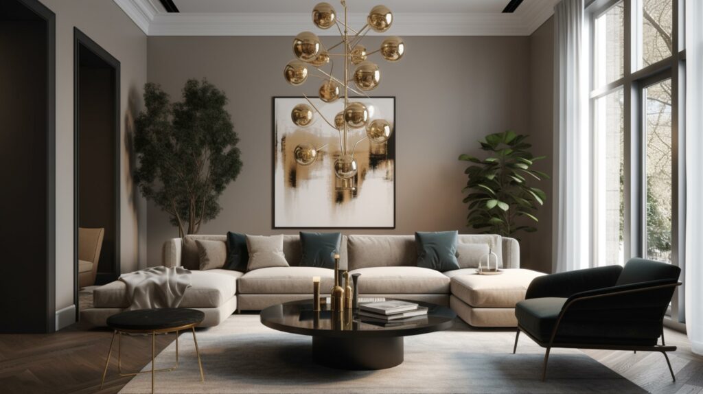 A modern and sleek living room with simple velvet seating and textured decor, featuring an eye-catching statement piece of art, a unique light fixture, and organic decor, generative ai