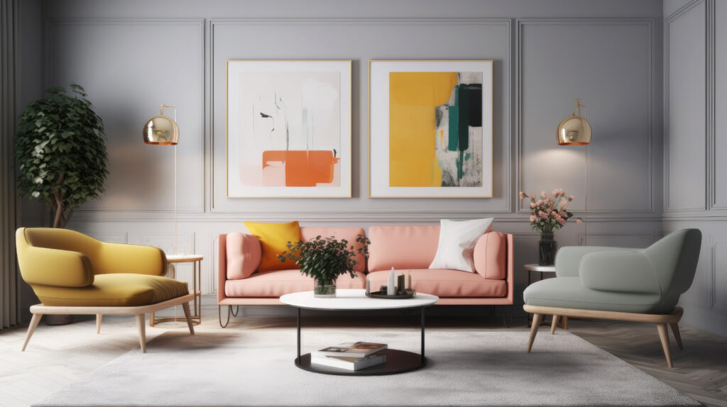 A modern living room with Scandinavian minimalism. Clean-lined sofa in a light neutral tone, a set of minimalist side tables, and a statement rug with bold colors. Generative AI