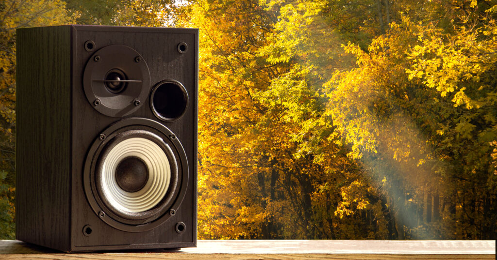 Acoustic sound speakers on autumn nature background. Multimedia, audio and sound concept. Copy space. The musical equipment. Close-up.