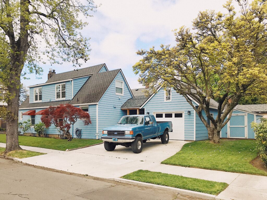 blue and white single cab pickup truck parked near green tree during daytime