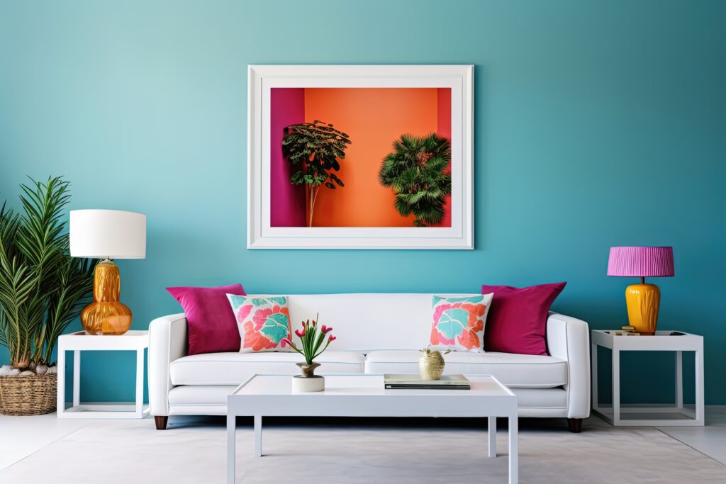 cheerful and happy mood living room idea of home decor design with colorful abstract painting art wall hanging picture, Generative Ai